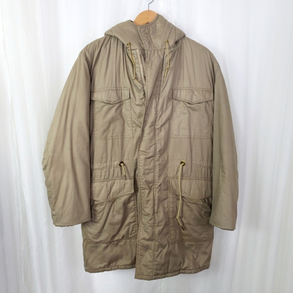 Field and Stream vintage khaki hooded coat drawstring waist pockets size 40